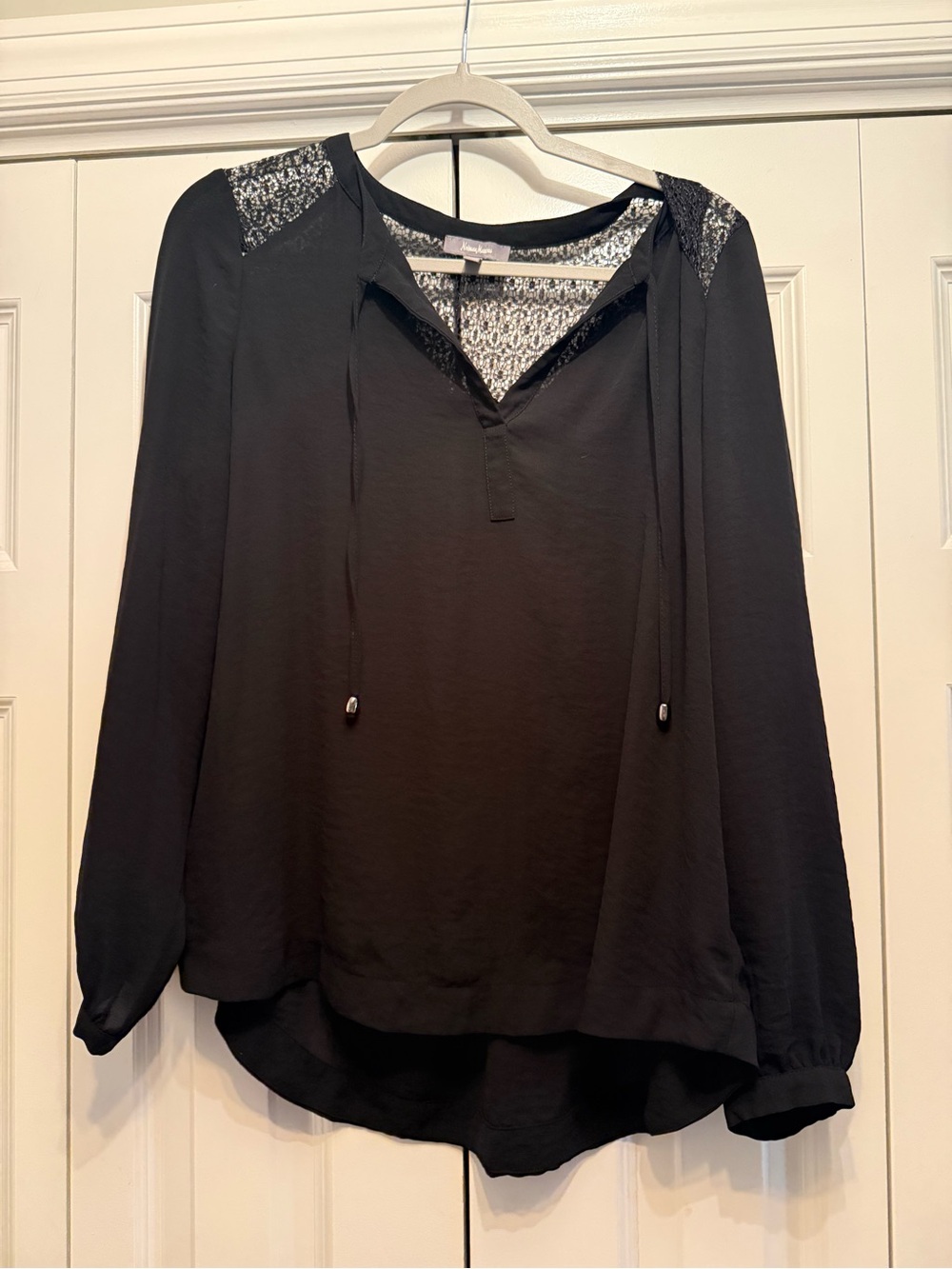 Neiman Marcus Black Long-Sleeve Lace Yoke Peasant Blouse